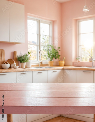 Green Empty wooden table with the bright white interior of the kitchen as a blurred background behind the bokeh golden sunshine