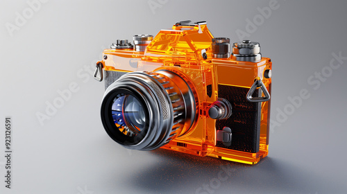 a DSLR camera transparent glass body 3D model in orange color