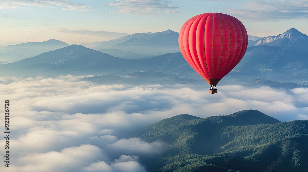 A panoramic view of a red hot-air balloon ascending above the clouds, with a breathtaking landscape of mountains and hills below.