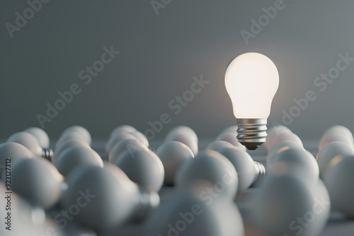 One glowing light bulb standing out from the unlit incandescent light bulbs on white background