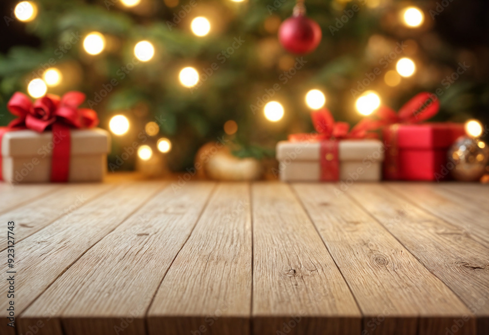 white The empty wooden table top with blur background of Christmas