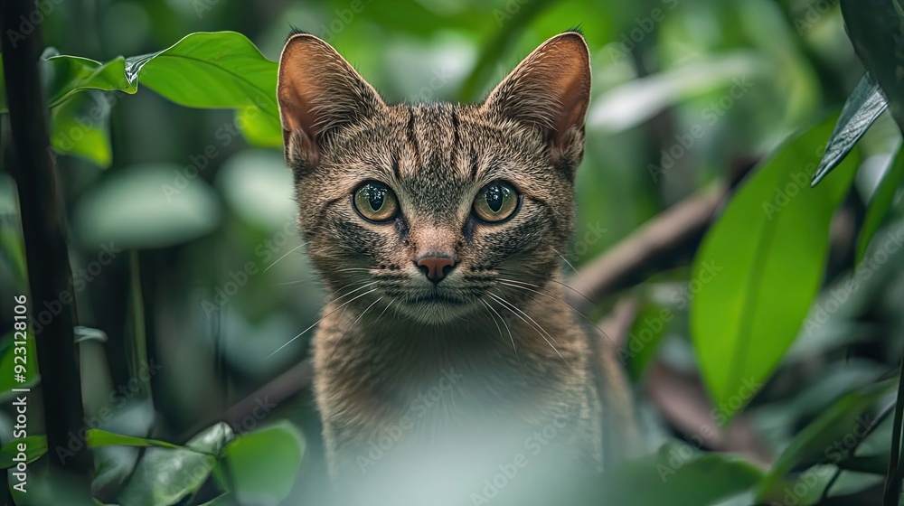 A Wild Cat Peering Through Lush Green Foliage A Wild Cat Peering Through Lush Green Foliage