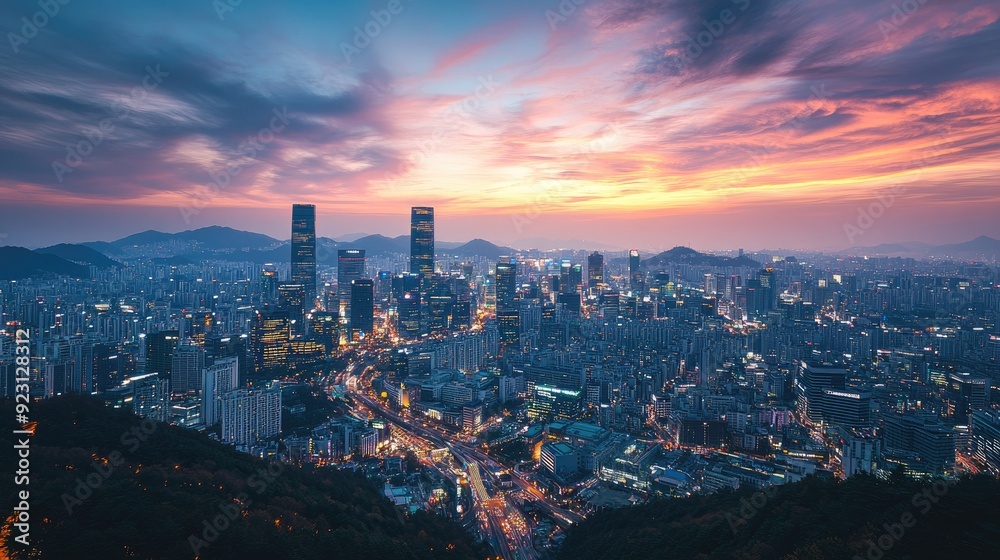 A twilight view of Seoul cityscape, with glowing skyscrapers and busy streets, reflecting the dynamic and ever-evolving nature of South Korea's capital. A twilight view of Seoul cityscape, with glowing skyscrapers and busy streets, reflecting the dynamic and ever-evolving nature of South Korea's capital.