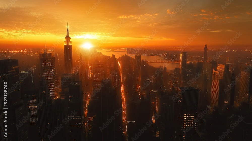 Fototapeta premium A wide-angle shot of a city skyline at dusk, with the golden glow of streetlights and the silhouettes of skyscrapers against the twilight.