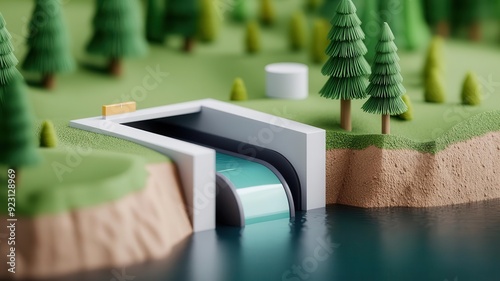 Cross-section of a pumped-storage hydropower system, showing water moving between two reservoirs, highly detailed, renewable energy storage photo