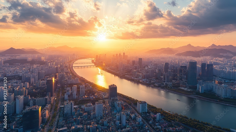 Fototapeta premium Aerial view of Seoul, South Korea, with the Han River winding through the city, framed by towering skyscrapers and historical landmarks.