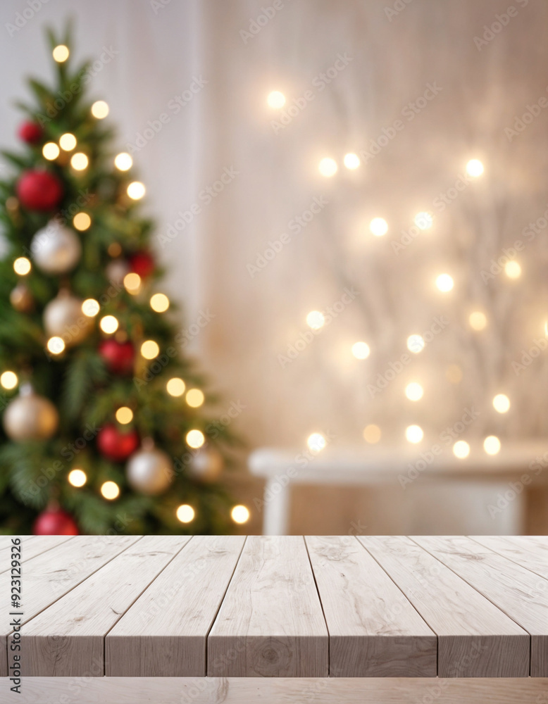 white The empty wooden table top with blur background of Christmas