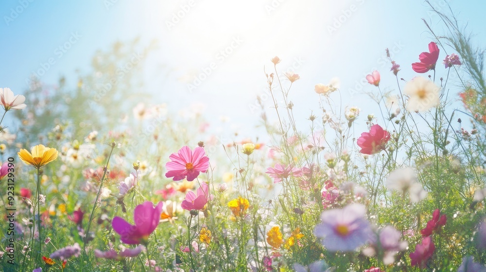 An expansive view of a field covered in flowers, with the bright daytime sun illuminating the vibrant colors and the natural beauty of the scene. An expansive view of a field covered in flowers, with the bright daytime sun illuminating the vibrant colors and the natural beauty of the scene.
