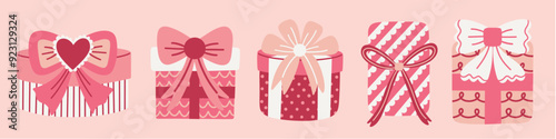 Coquette style gift boxes illustration set. Cute gift boxes with quirky patterns and charming ribbons. Hand drawn vector illustrations.