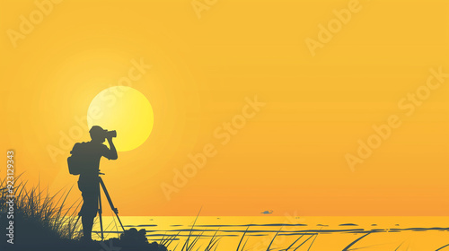 a sunset with a bird flying over the water and a large orange moon. World photography day