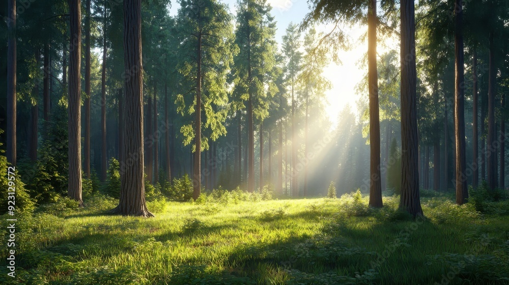 Obraz premium A forest clearing at sunset, with long shadows from tall trees and a sky blending from gold to deep blue.