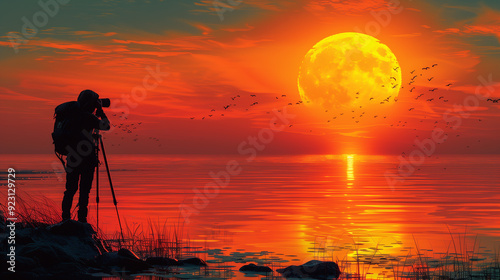 a sunset with a bird flying over the water and a large orange moon. World photography day