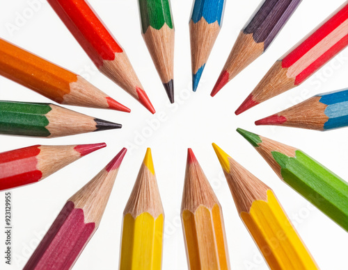 Many different colored pencils on white background photo