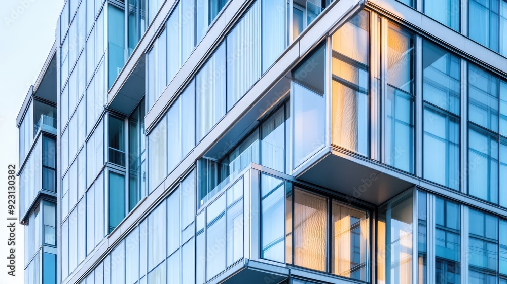 The facade of a contemporary apartment building, with a mix of glass and metal elements, reflecting the light and creating a dynamic visual pattern. The facade of a contemporary apartment building, with a mix of glass and metal elements, reflecting the light and creating a dynamic visual pattern.