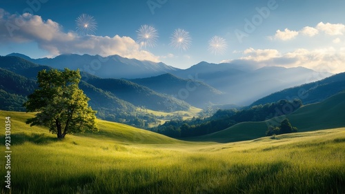 Fireworks paint the night sky with dazzling colors over a tranquil rural landscape with rolling hills.