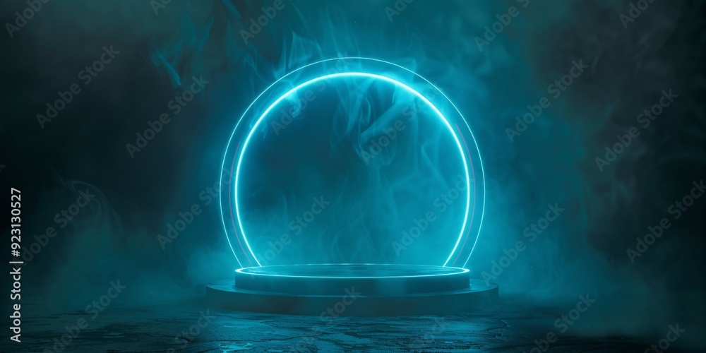 Obraz premium Enigmatic futuristic doorway enveloped in mist, circular luminescent teleporter, neon lights highlight dark landscape with sparkle against dark backdrop, empty stage with glowing illumination.