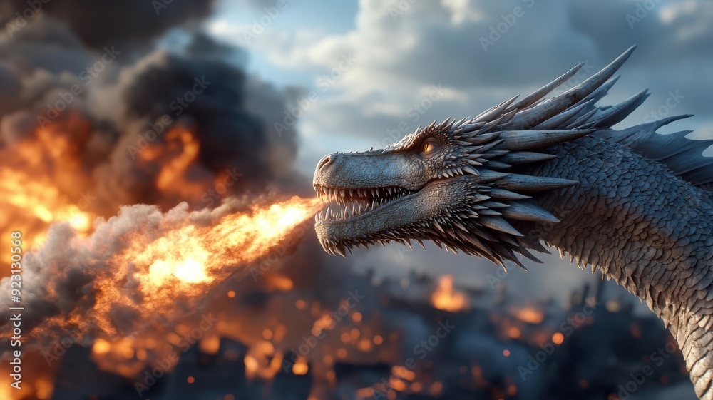 A majestic dragon breathes a colossal fireball, its fiery brilliance lighting up the heavens. A majestic dragon breathes a colossal fireball, its fiery brilliance lighting up the heavens.