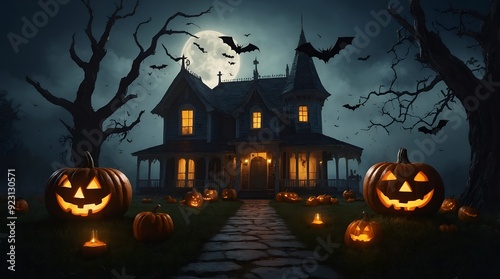 The chilling atmosphere of a Halloween night with fog rolling over carved pumpkins and spooky decorations