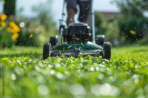 A man mowing the lawn with a lawn mower in a garden, focused on the task.