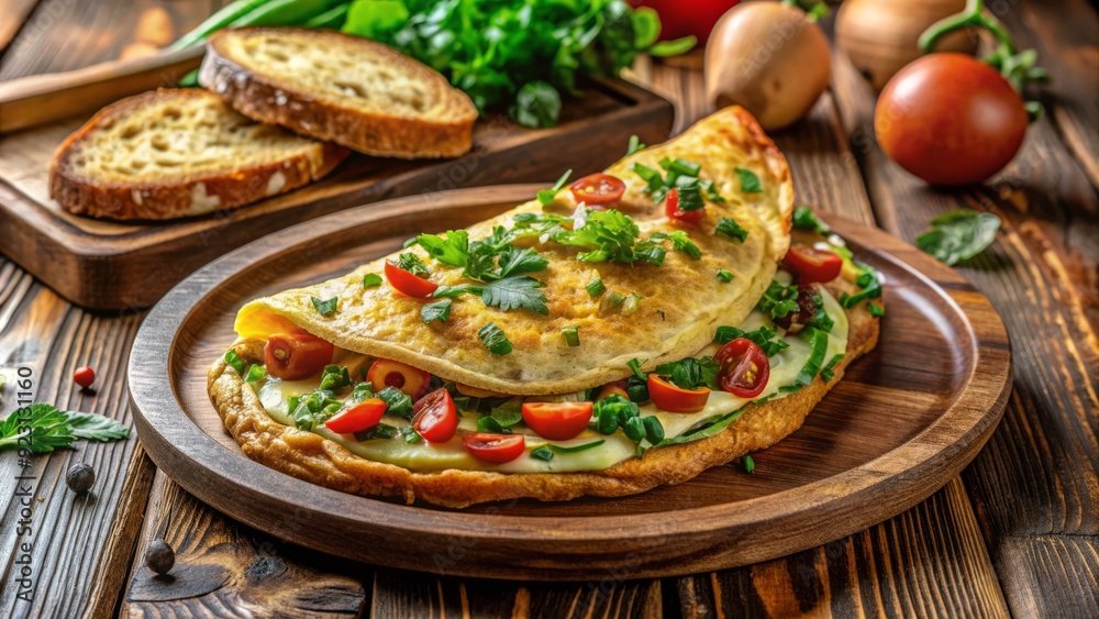 Fluffy, golden-brown omelette filled with melted cheese, fresh herbs, and diced vegetables, served on a rustic wooden plate with a side of crispy toast. Fluffy, golden-brown omelette filled with melted cheese, fresh herbs, and diced vegetables, served on a rustic wooden plate with a side of crispy toast.