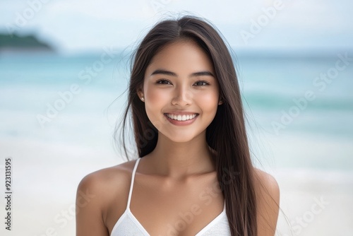 A happy Asian woman with a bright smile lounges on a tropical beach, enjoying the sun and white sand with a breathtaking blue ocean view