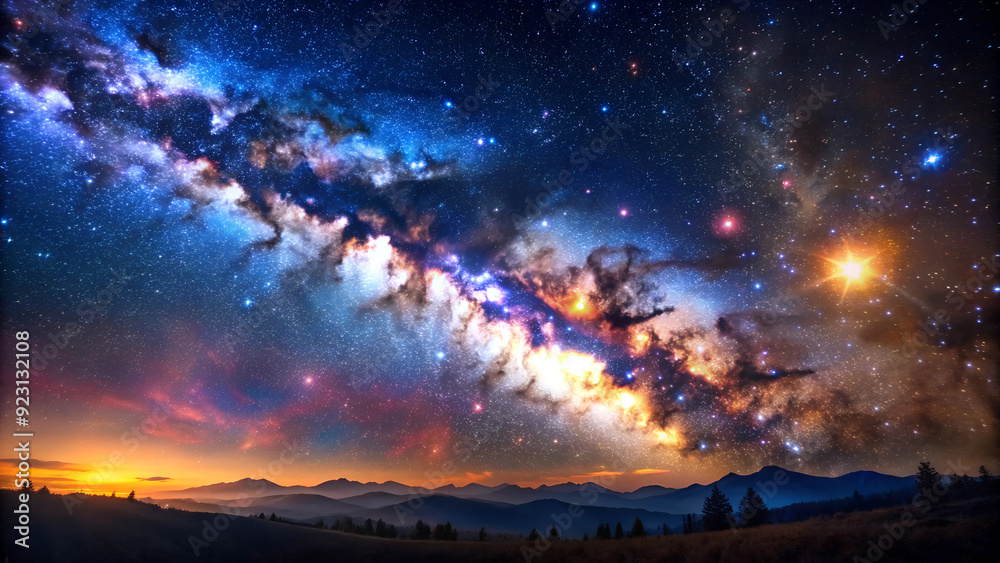 Galactic brilliance shines over a serene mountain landscape with a soft glow on the horizon, revealing the celestial beauty of a star-filled cosmos and distant galaxies. Galactic brilliance shines over a serene mountain landscape with a soft glow on the horizon, revealing the celestial beauty of a star-filled cosmos and distant galaxies.