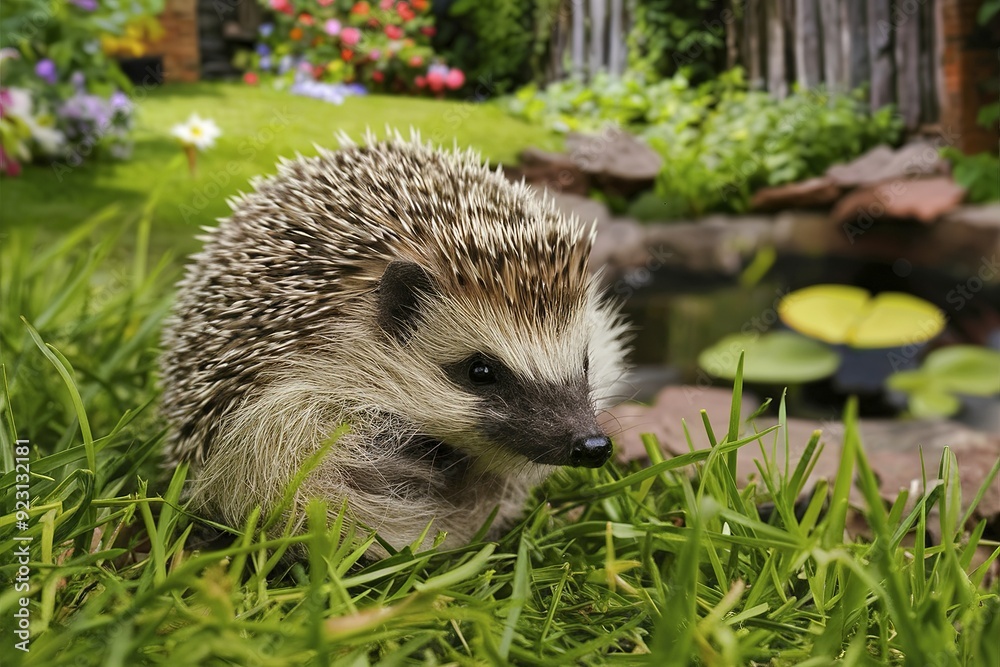 Fototapeta premium European hedgehog in natural garden habitat with green grass