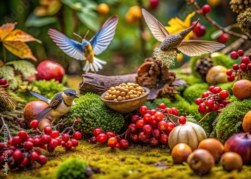 Vibrant forest floor scene showcasing various seed dispersal methods, including berries, nuts, and wings, highlighting nature's intricate mechanisms for propagation and survival. photo