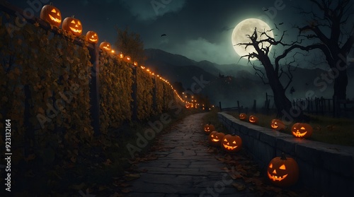 The classic Halloween scene of carved pumpkins glowing eerily in the darkness of a moonlit night photo