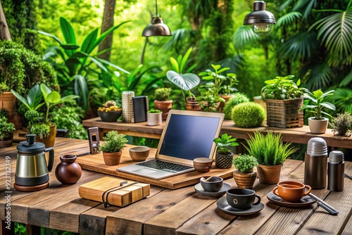 Eco-friendly gadgets and gizmos adorn a rustic wooden table, surrounded by lush greenery, showcasing a futuristic yet sustainable solarpunk-inspired product showcase. photo