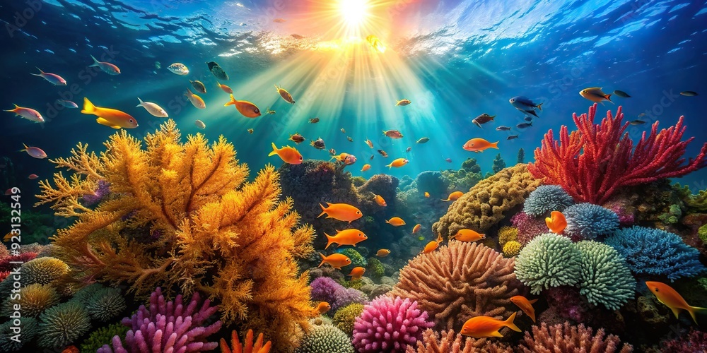 Vibrant coral reefs teeming with marine life, schools of fish, and sea fans sway gently in the current, illuminated by the warm glow of sunlight filtering down. Vibrant coral reefs teeming with marine life, schools of fish, and sea fans sway gently in the current, illuminated by the warm glow of sunlight filtering down.