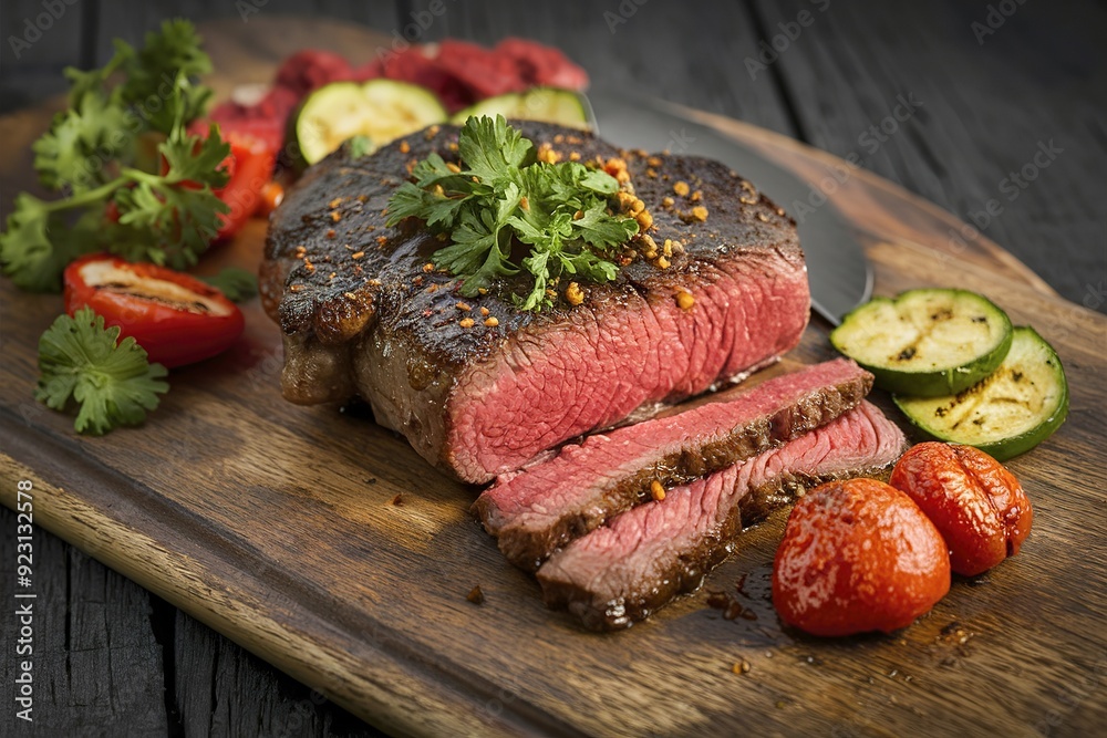 Juicy steak medium rare beef with spices and grilled vegetables Juicy steak medium rare beef with spices and grilled vegetables