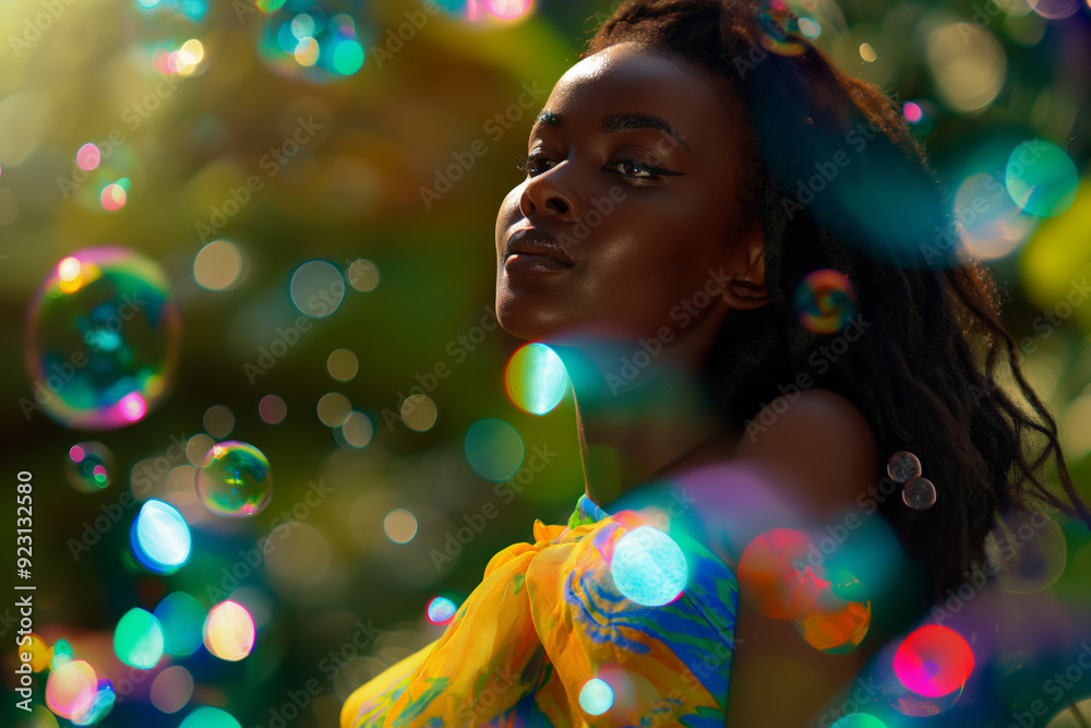 Enchanting Woman Among Sparkling Bubbles in Lush Greenery Enchanting Woman Among Sparkling Bubbles in Lush Greenery