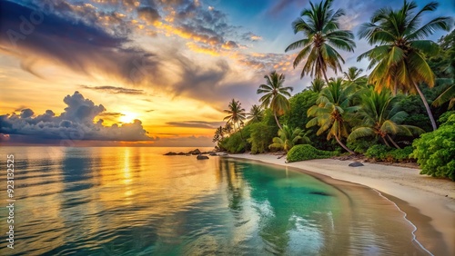 Serene atmosphere of a peaceful beach at sunset, with calm turquoise waters and powdery white sand, surrounded by lush green palm trees and soft warm light. photo