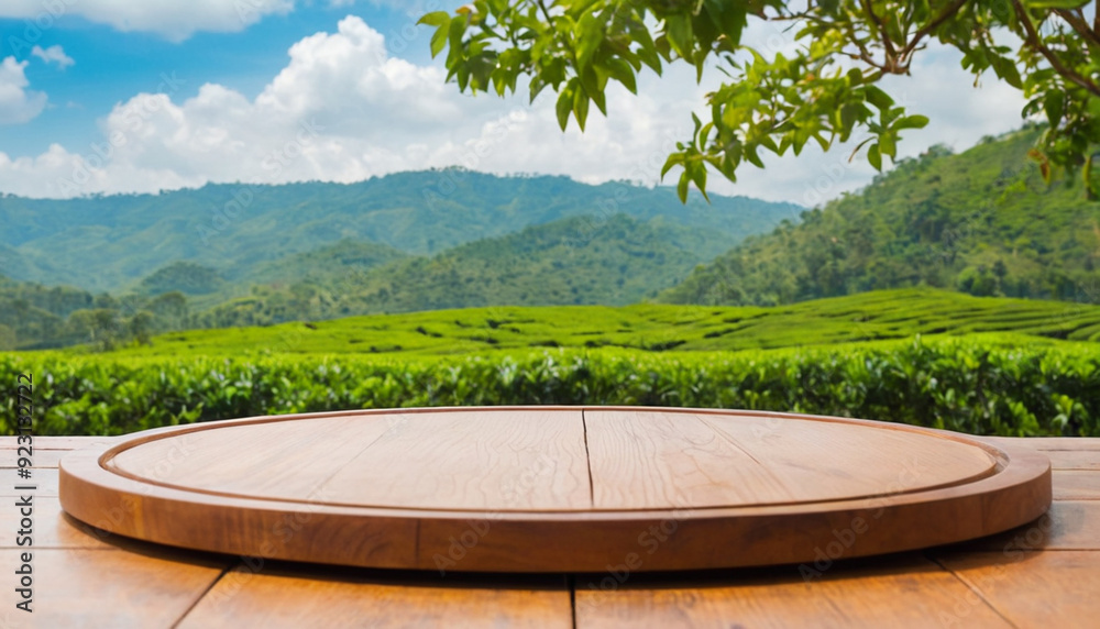 Circle wooden table top with blurred tea plantation landscape against blue sky and blurred green leaf frame Product display concept natural backgroud Circle wooden table top with blurred tea plantation landscape against blue sky and blurred green leaf frame Product display concept natural backgroud