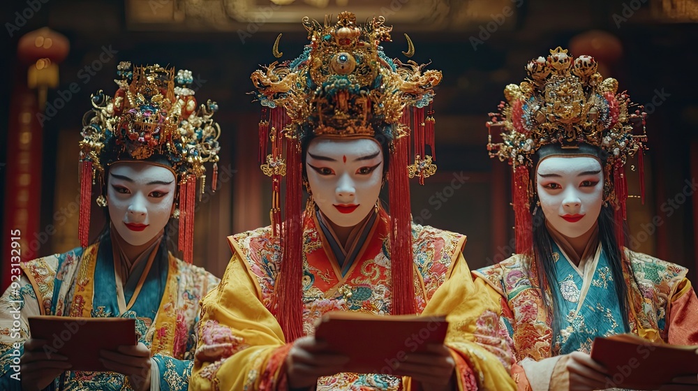 Three women in ornate Chinese attire holding red scrolls Three women in ornate Chinese attire holding red scrolls