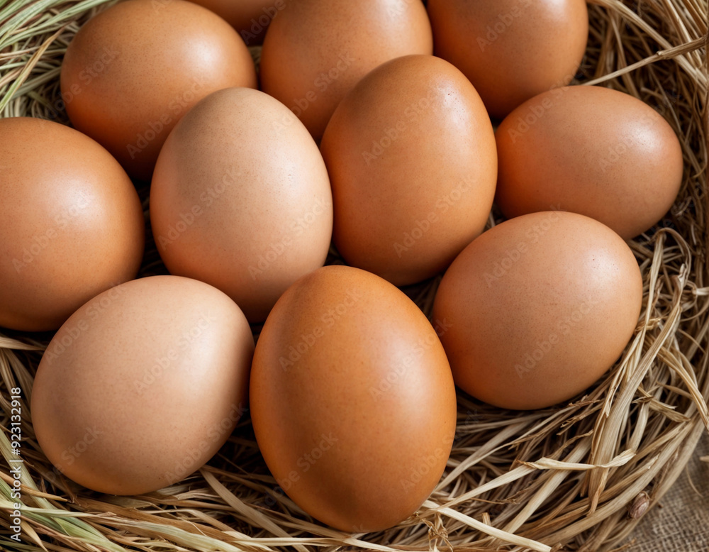 Pile of raw brown chicken eggs in straw Pile of raw brown chicken eggs in straw