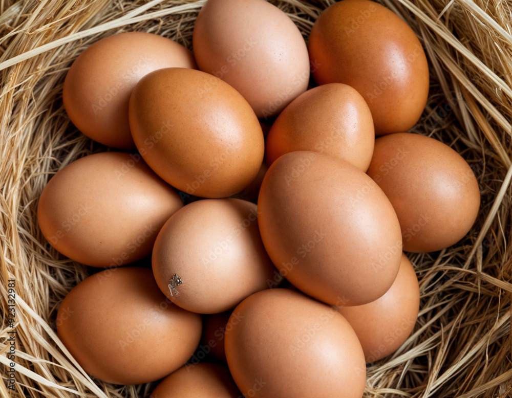 Pile of raw brown chicken eggs in straw Pile of raw brown chicken eggs in straw