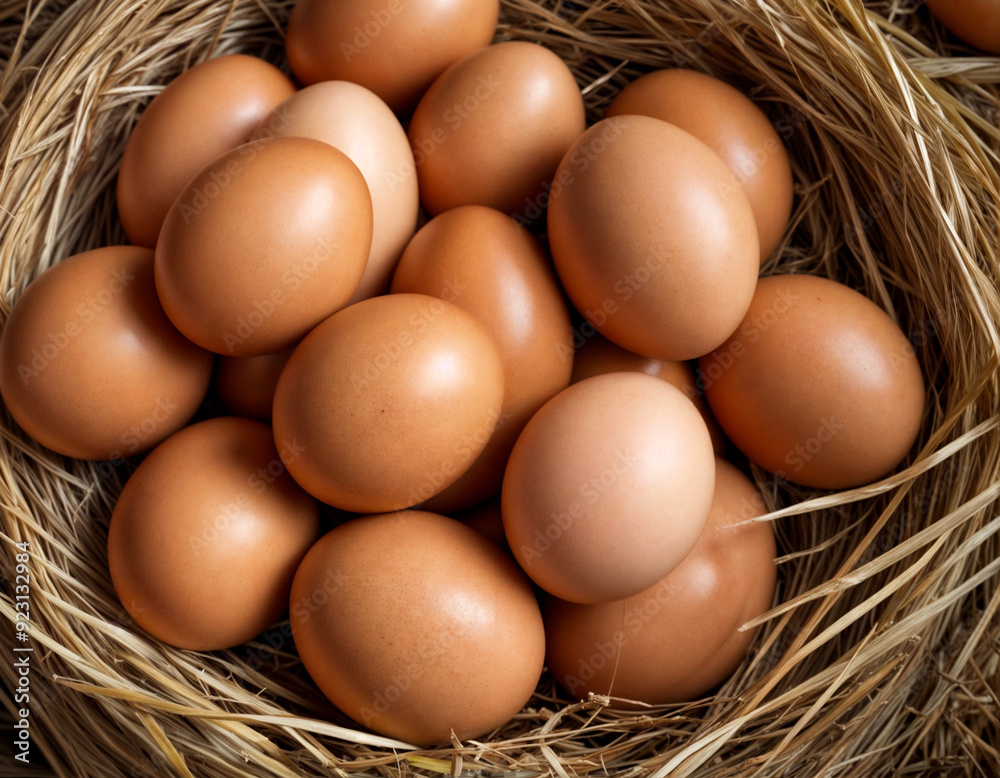 Pile of raw brown chicken eggs in straw Pile of raw brown chicken eggs in straw