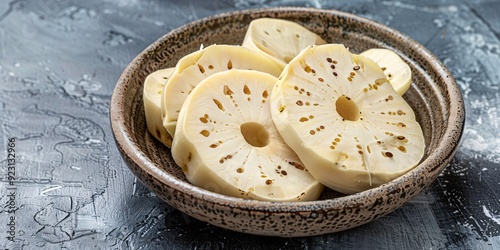 Pieces of cooked fruit bread arranged on a dish against a dark backdrop. photo