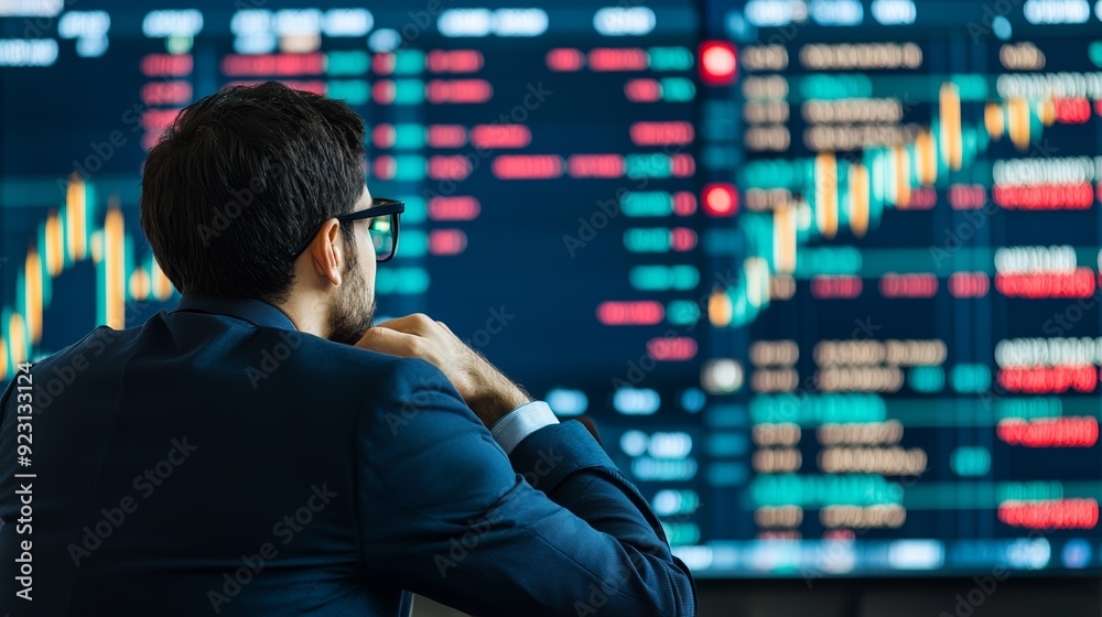 Businessman analyzing stock market trends on a digital screen for investment strategies and market insights. Businessman analyzing stock market trends on a digital screen for investment strategies and market insights.