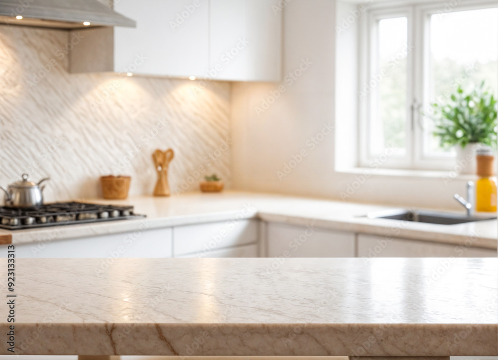 Fototapeta premium Empty wooden table with the bright white interior of the kitchen as a blurred background behind the bokeh
