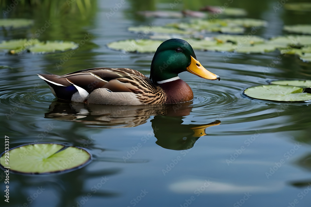 Fototapeta premium A duck swimming peacefully in a pond