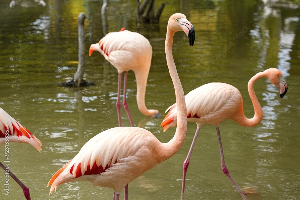 beautiful pink flamingos with beak and loose wings close-up beautiful pink flamingos with beak and loose wings close-up
