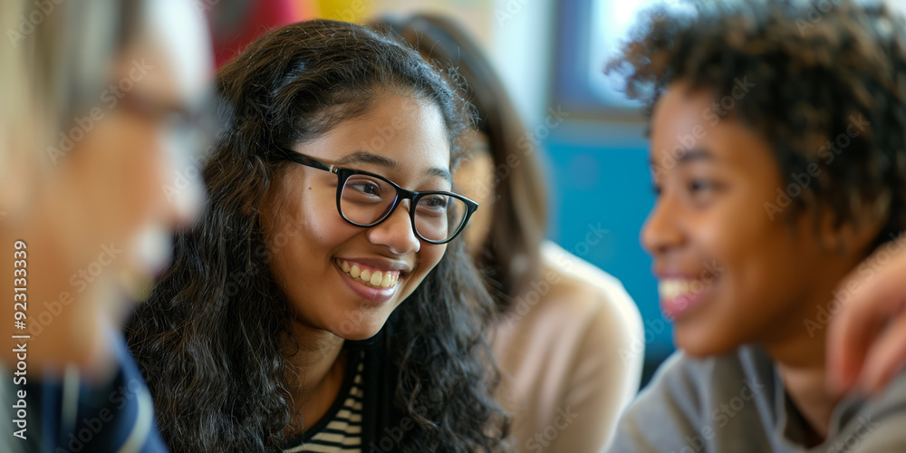 Diverse Group of Students Smiling and Interacting in Classroom Setting Diverse Group of Students Smiling and Interacting in Classroom Setting