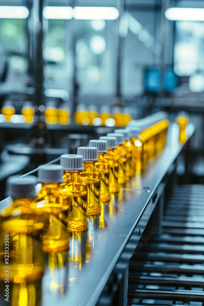 Fototapeta premium Bottling Line with Yellow Liquid in Laboratory Setting with Focus on Vials in a Row