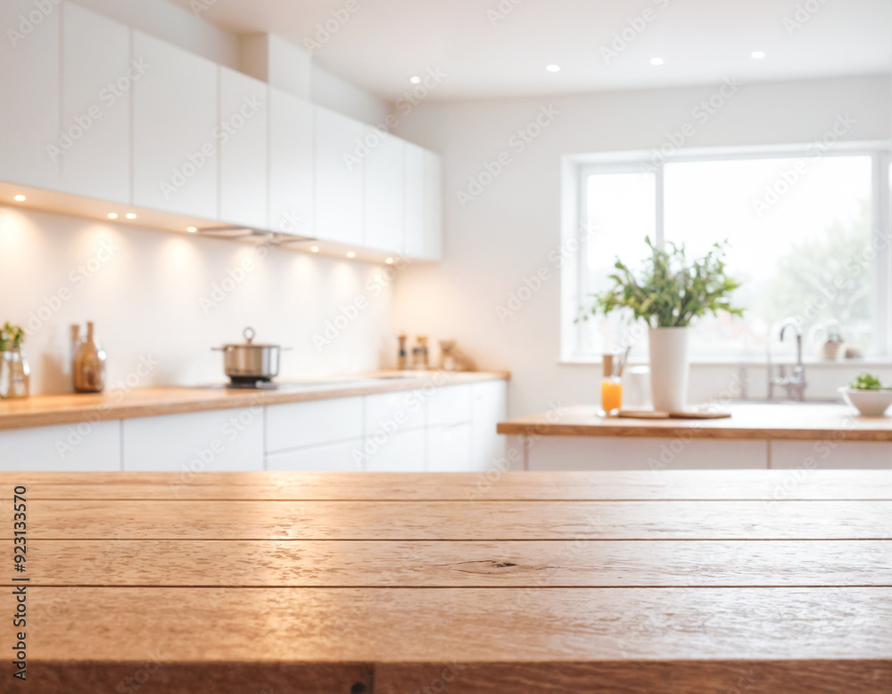 Fototapeta premium Empty wooden table with the bright white interior of the kitchen as a blurred background behind the bokeh