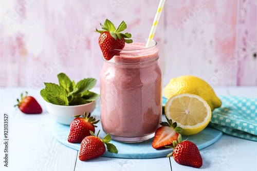 Delicious strawberry and lemon smoothie garnished with fresh strawberry and mint in glass