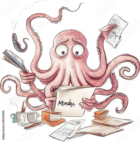  a tired-looking octopus with eight arms, multitasking and handling various tasks at once watercolor illustration