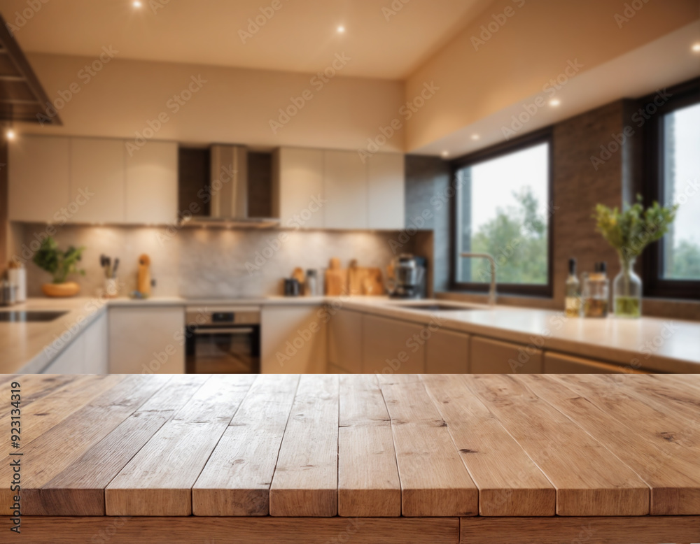 empty wooden table with blurred kitchen furniture as background empty wooden table with blurred kitchen furniture as background